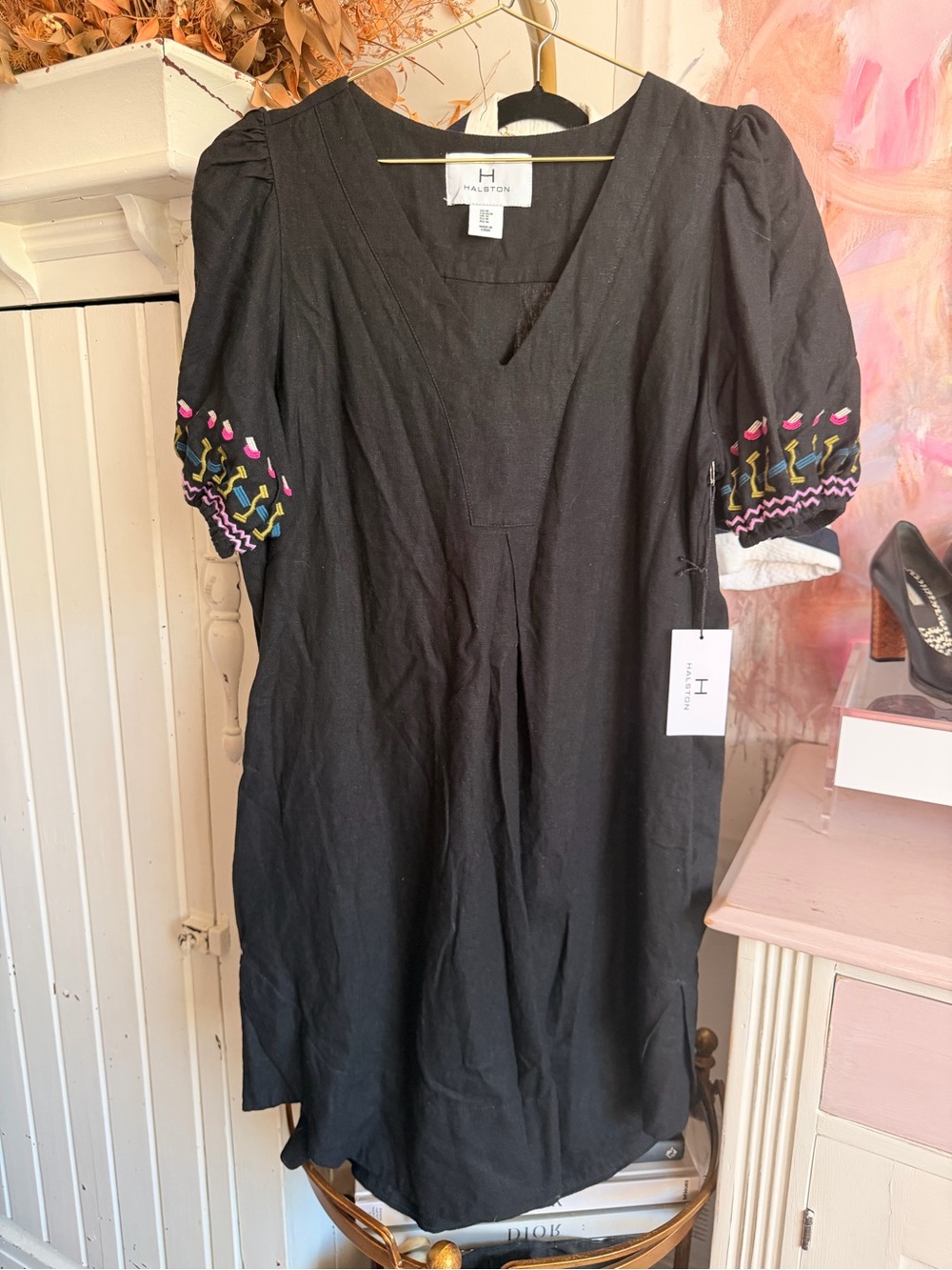 H by Halston Black Mini Dress with Multicolor Embroidered Puff Sleeves